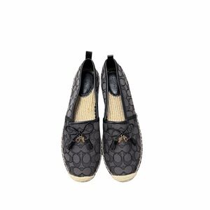 Coach Black Signature Jacquard Espadrille Flats Tassel Bow Slip On Shoes